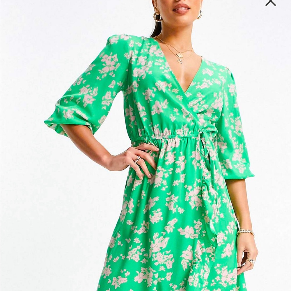 Pink & Green Floral Wrap Dress